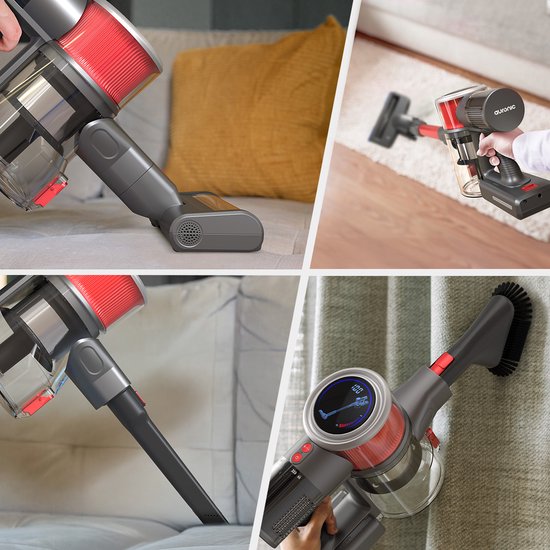 Aspirateur sans fil Auronic - Moteur puissant de 350 W - Batterie supplémentaire - Jusqu'à 45 minutes d'utilisation - Léger et maniable - Rouge/Gris