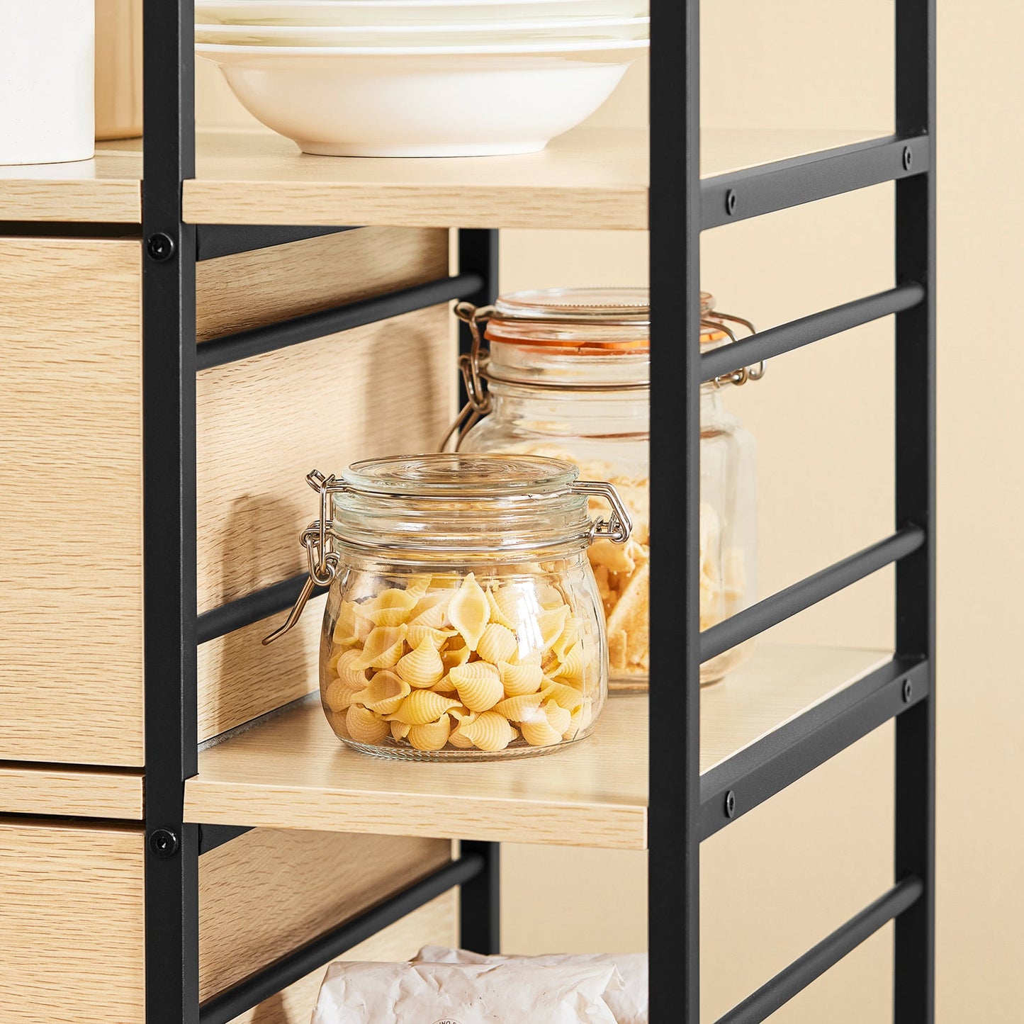 Chariot de cuisine Sobuy en bois naturel et métal noir - Chariot roulant scandinave - 89x53x37 cm