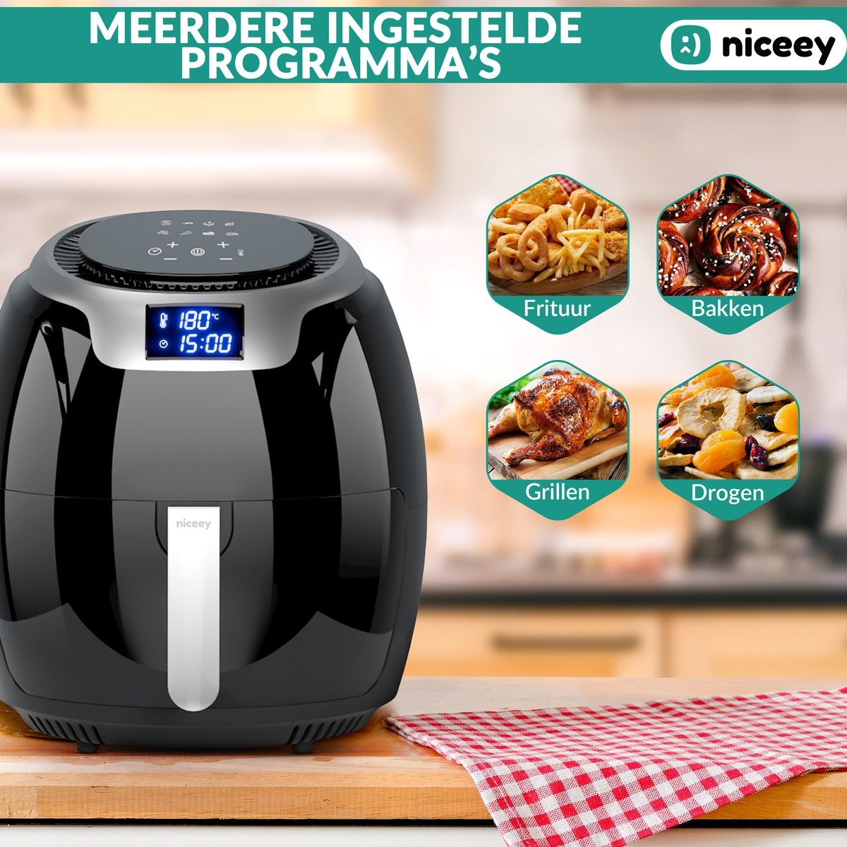 Niceey Airfryer XXL - Friteuse à air chaud - 8L - 1800W - Noir