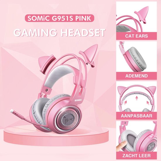 SOMiC G951S Pink Gaming headset - Casque d'écoute pour chat - Casque pour chat - Playstation, PC & Switch