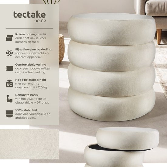 tectake® Tabouret avec rangement - Tabouret scandinave en tissu velours - Tabouret rembourré rond pour coiffeuse, chambre, salon ou comme meuble d'entrée - Tabouret de rangement - crème