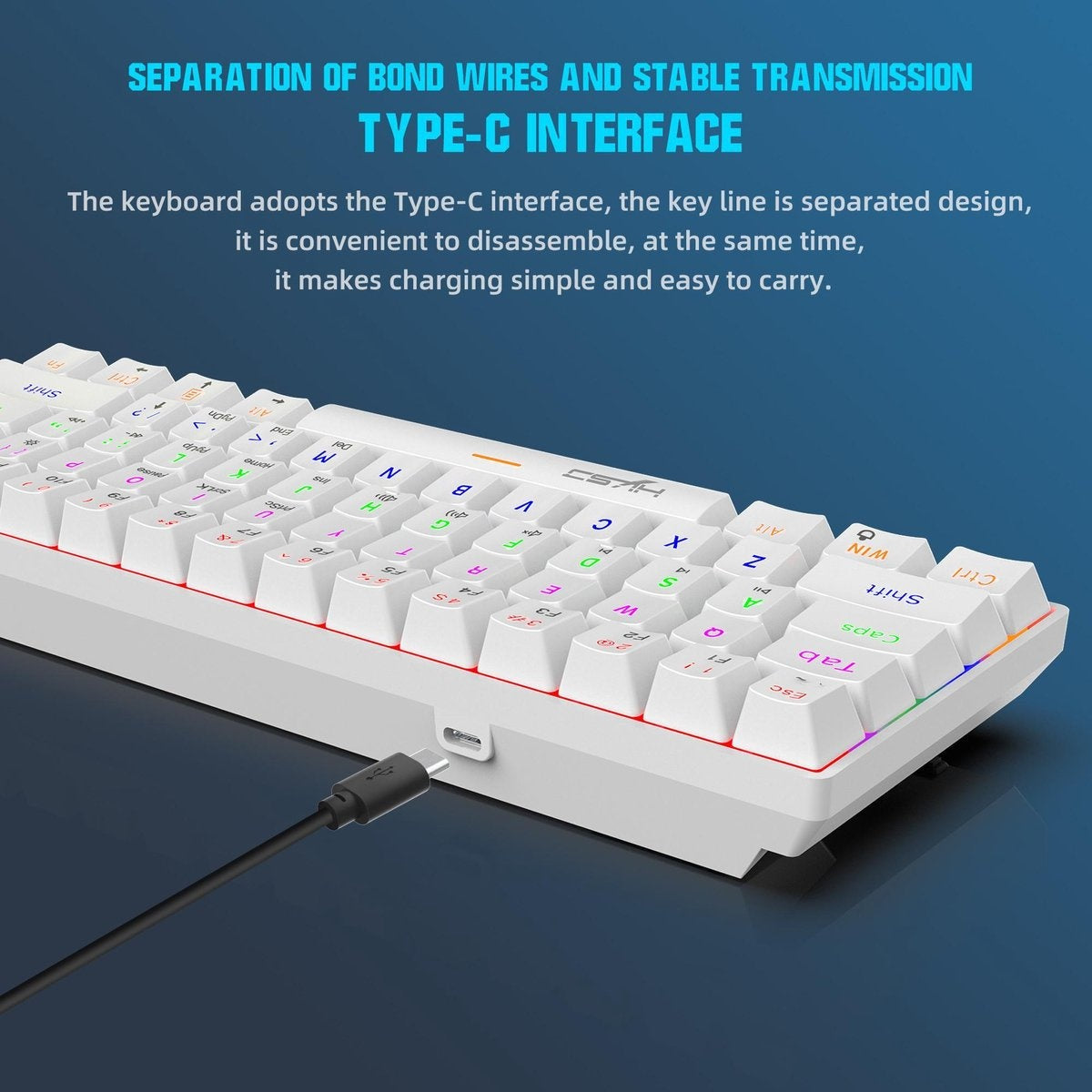HXSJ V900 - Wired Mechanical Gaming Keyboard - RGB Lighting - Ergonomic - QWERTY - 61 Keys - Blue Switch - White