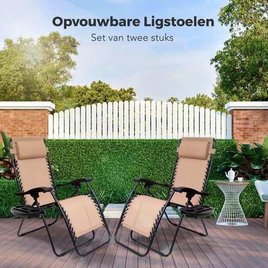 LifeGoods Chaises de jardin pliables - 2 pièces - 30°-90° réglable - métal - beige