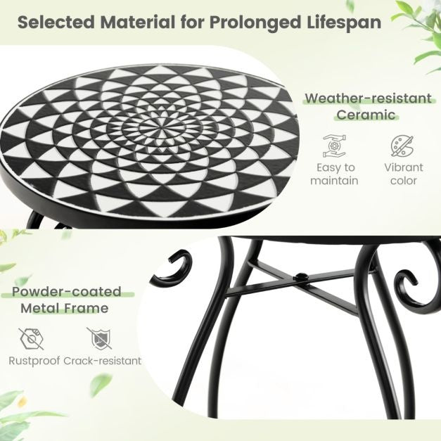 Coast Mozïek side table - Table de terrasse ronde d'intérieur et d'extérieur - 30 x 30 x 50 cm - Noir/Blanc