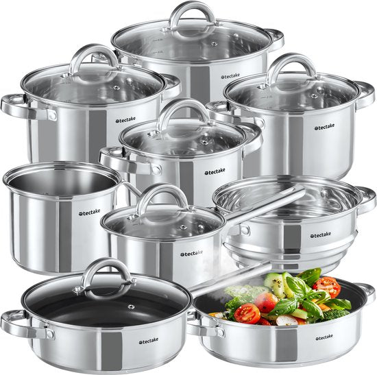 tectake® Set de casseroles - acier inoxydable - Convient à la cuisson par induction, au gaz et à l'électricité - 15 pièces - Lavable au lave-vaisselle - Pour la maison ou le camping - Poêles avec couvercles