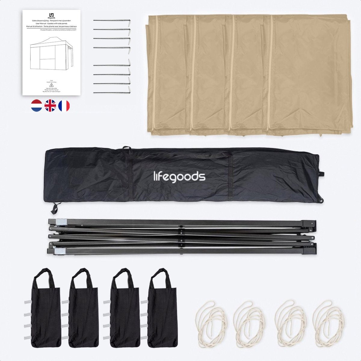 Tente de réception LifeGoods, Pavillon, 3,0 x 4,5 m, facile à monter, pliable, étanche, Sac de transport avec roulettes, Beige