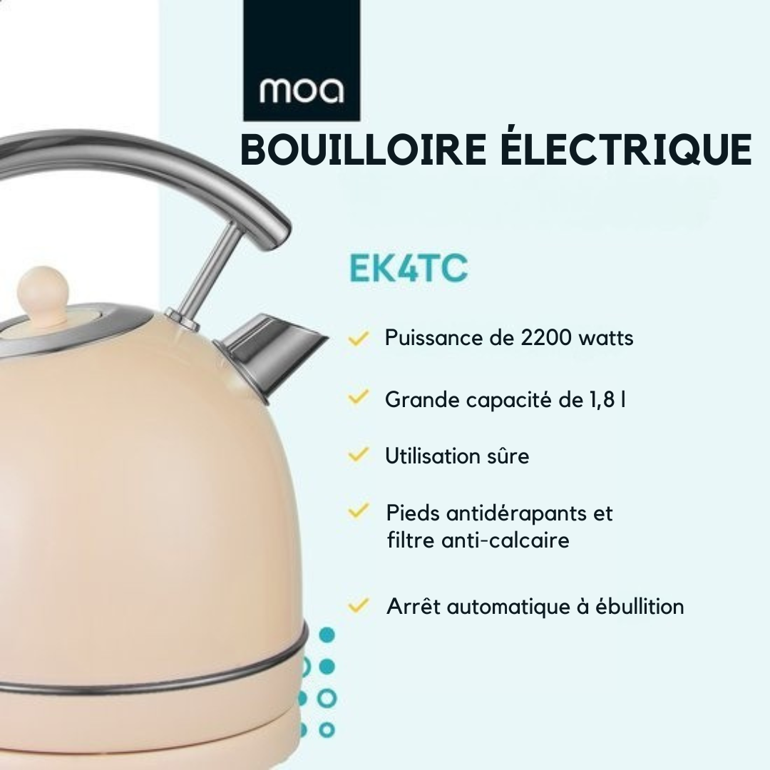 Bouilloire électrique - MOA Retro - 2200W – 1,8 L – Acier inoxydable – Crème pastel