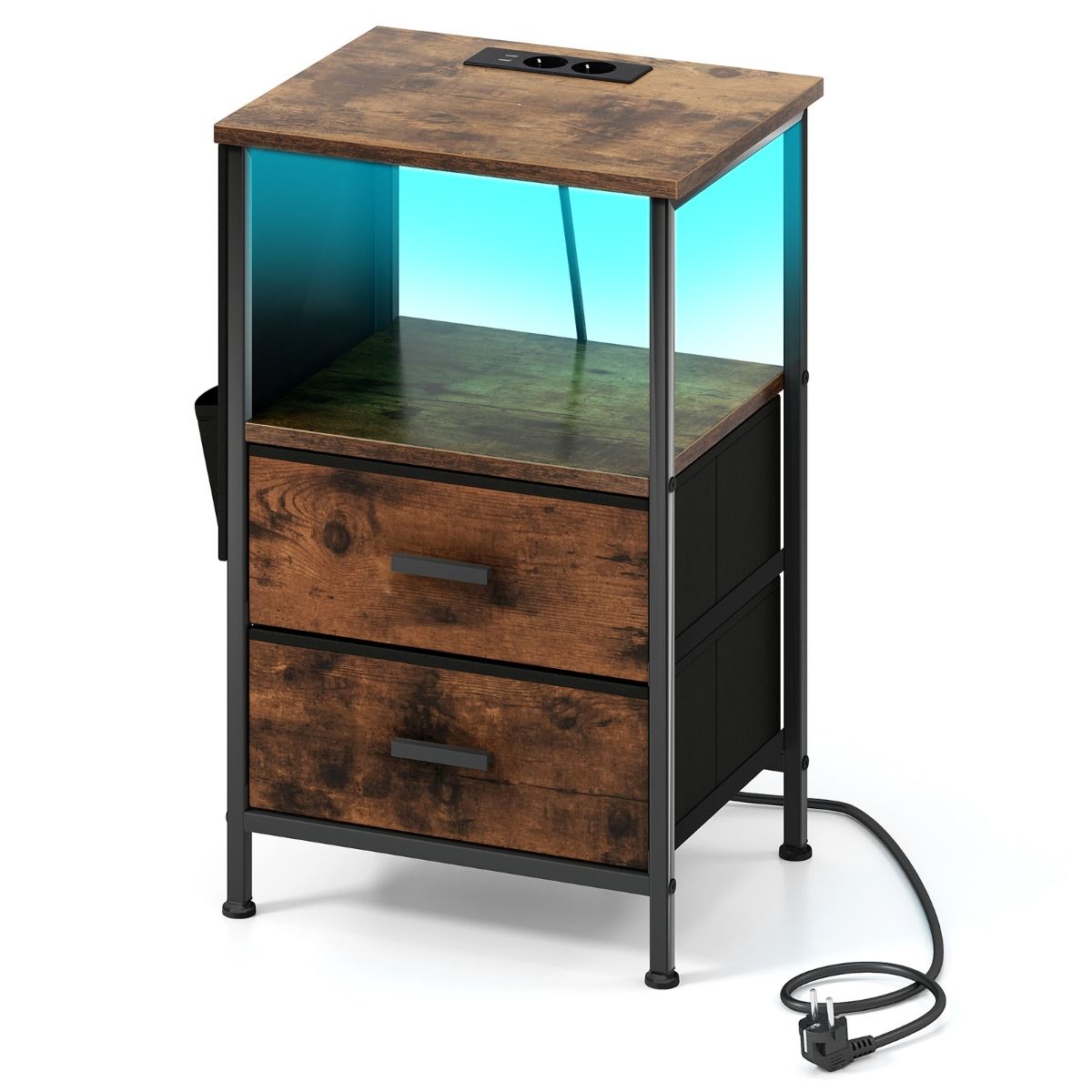 Ensemble de tables d'appoint Coast 2 pièces - avec station de recharge et éclairage LED - 2 tiroirs en tissu et 6 compartiments latéraux - marron rustique