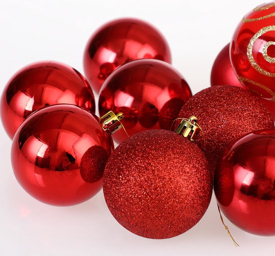 Boules de Noël Deuba - Lot de 102 boules en plastique Ø3-6cm - Rouge brillant mat