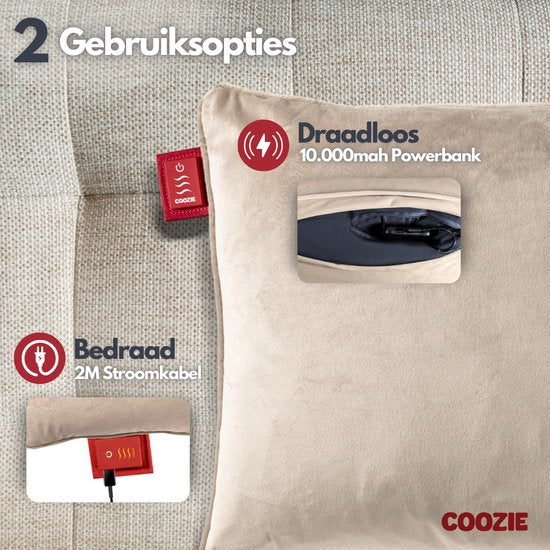Coozie Heat Pillow Beige Velvet - Rechargeable électriquement - Oreiller chauffant sans fil - 45 x 45 cm
