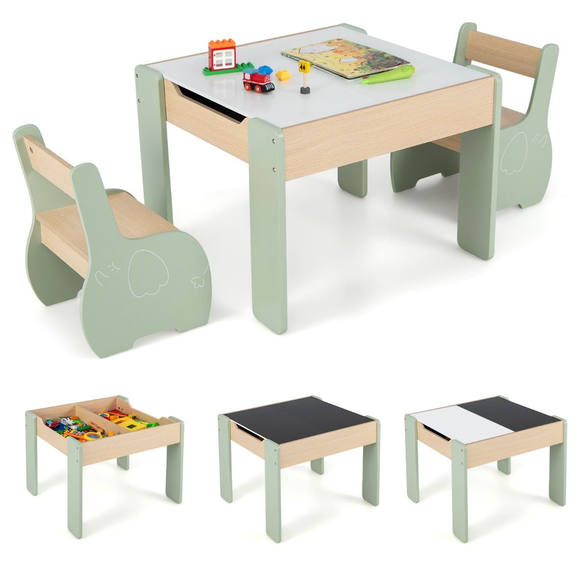 Ensemble de salon pour enfants Coast 3 pièces - Table pour enfants 4 en 1 avec 2 chaises et espace de rangement - vert