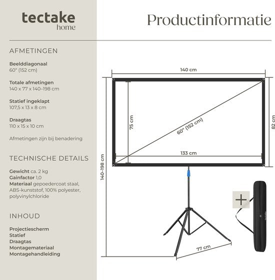 Écran de projection tectake® - 60 pouces - Écran de projection 16:9 avec trépied - 4K HD - Enroulable - Extensible - Toile de projection - Écran de présentation - Sac de transport inclus