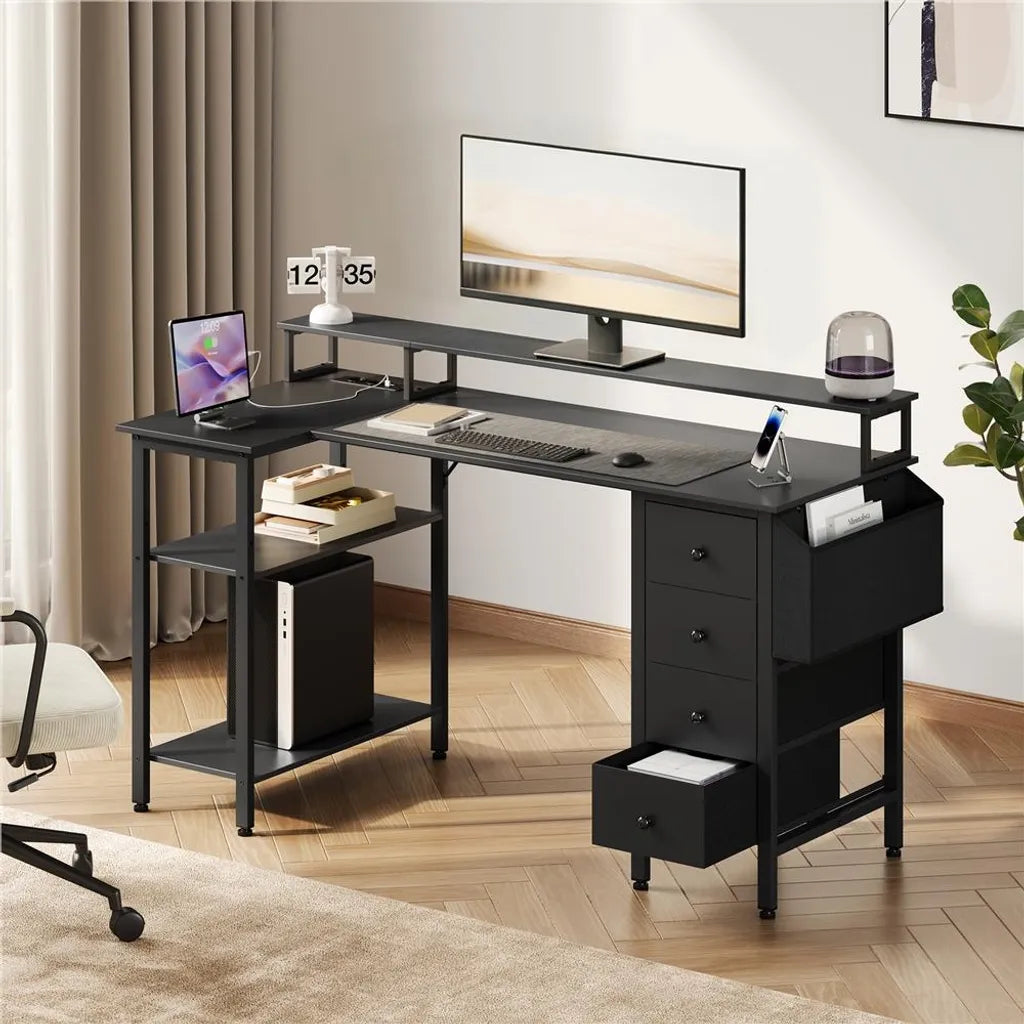 Yaheetech Bureau en L 140 × 68 × 87 cm - Noir - Bureau de jeu avec station de recharge, support d'écran et espace de rangement
