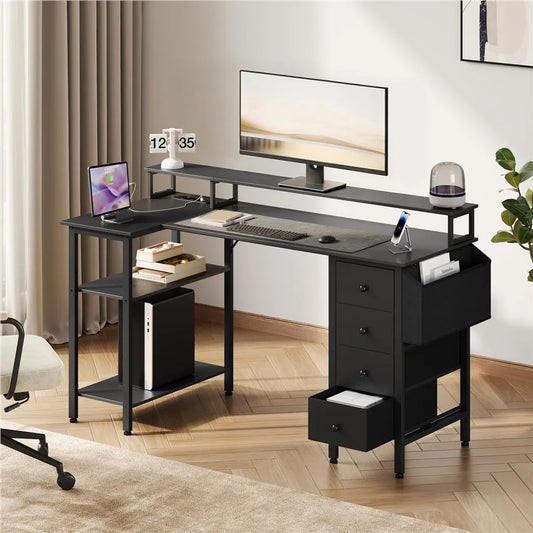 Yaheetech Bureau en L 140 × 68 × 87 cm - Noir - Bureau de jeu avec station de recharge, support d'écran et espace de rangement