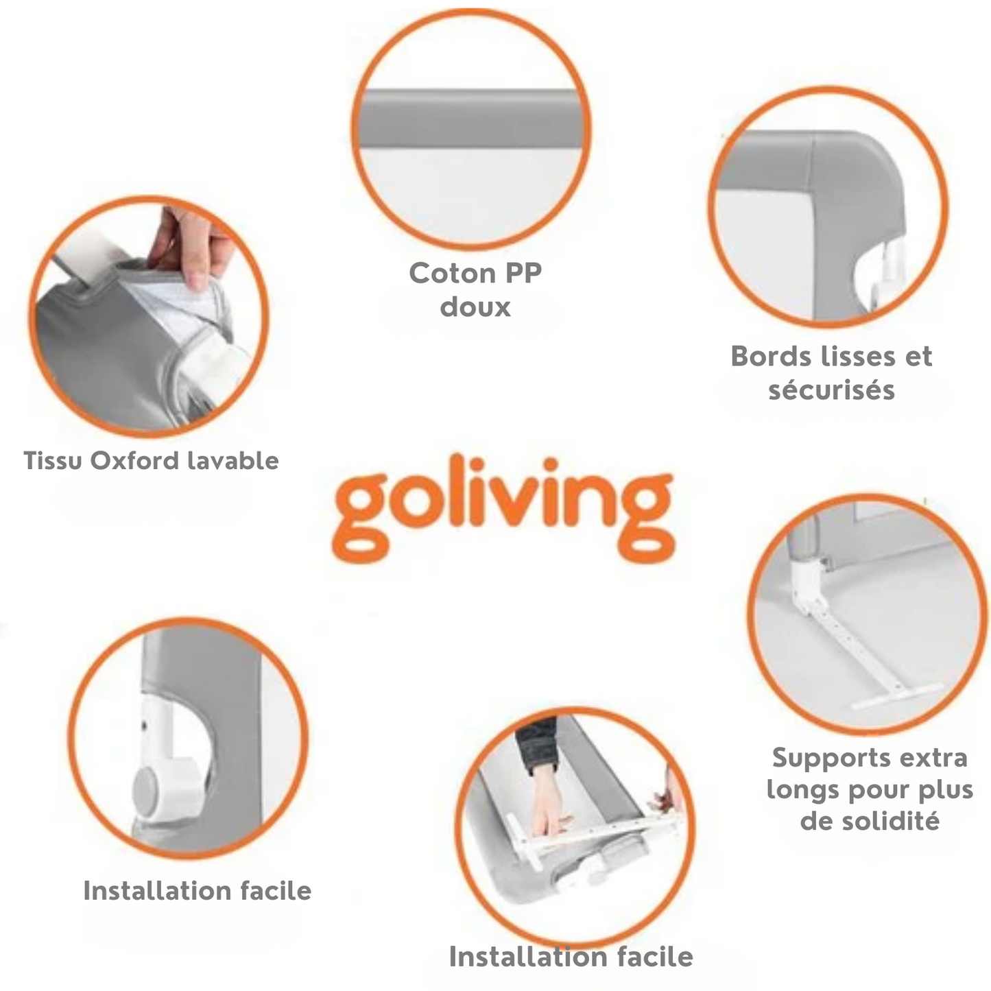 Barrière de lit pliable - Goliving - Max 27 kg - 120 x 45 x 42 cm - Gris