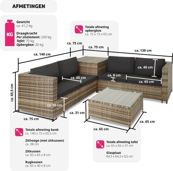 Tectake - Salon en osier Siena (4 personnes) - Modulaire, coffre de rangement, coussins extra épais, résistant aux UV et aux intempéries, structure en acier - Nature/Gris foncé