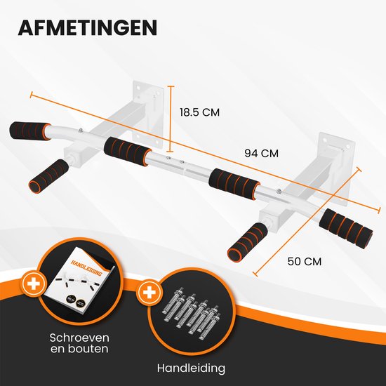 TTD® Premium Pull Up Bar - Pull Up Station - Wall Mount Pull Up Bar - Dip Station - Dip Bars - Home Sports - Home Fitness - Premium materials - Extra sturdy mounting parts - Home workout - White/Orange