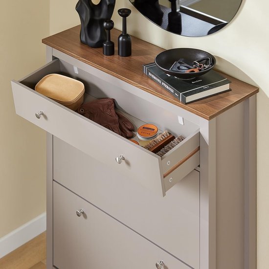 SoBuy FSR89-KA Armoire à chaussures avec 2 volets et un grand tiroir - Tiroir de rangement pour 12 paires de chaussures pour l'entrée, le couloir - Rangement pour chaussures marron clair, 80×25×108cm