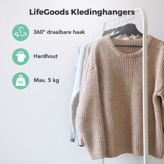 LifeGoods Cintres - Avec barre de pantalon - Bois dur - Noir - 30 pièces