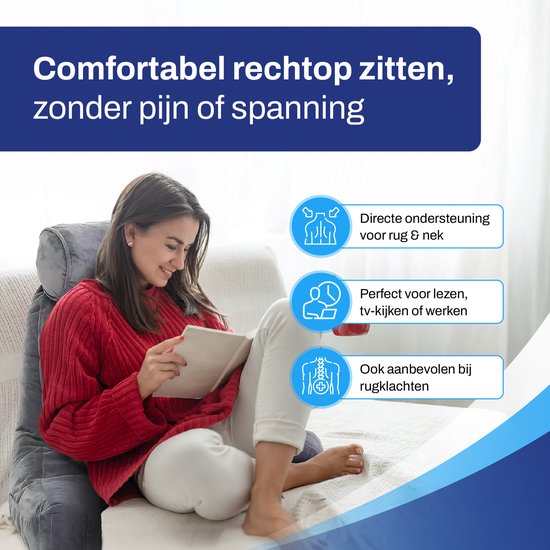 Coussin de lecture Sleeptight, coussin ergonomique pour le dos – Équipé d'un coussin cervical amovible, d'une poche de rangement pratique et d'un rembourrage en mousse indéformable – Pour le lit et le canapé – Tissu gris – 53 cm de long, 60 cm de large et