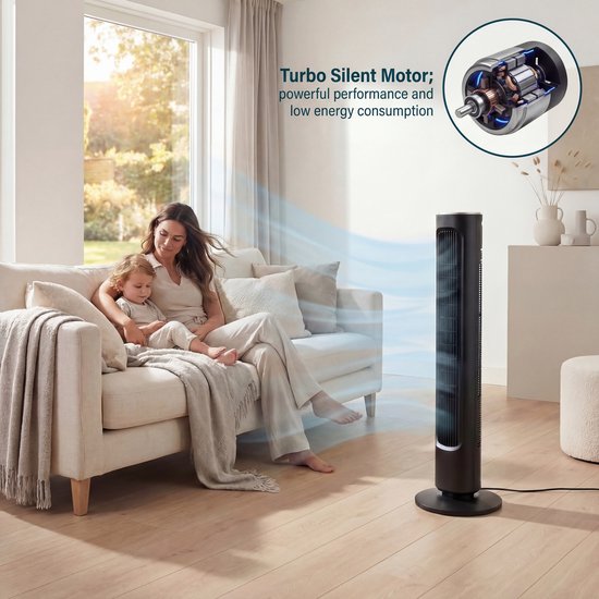 Ventilateur sur pied Princess DC 101 cm – Ultra silencieux – 12 vitesses – Oscillation – Minuterie 1 à 8 heures – Avec télécommande – Ventilateur sur pied – 50 W – Noir – 352390