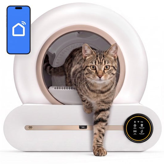 Bac à litière automatique Infinity Goods XXL - Bac à litière autonettoyant - Avec application - 75 L - Avec tapis de bac à litière et 3 rouleaux de sachets de rangement - Blanc/Or rose