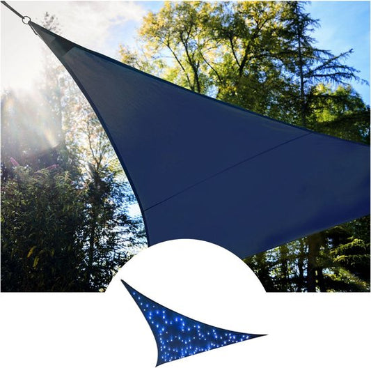 Voile d'ombrage Perel avec 100 LED, ciel étoilé, auvent pour terrasse de jardin, toile d'ombrage, perméable à l'eau, 90 % protection UV, 3 anneaux en acier inoxydable, 3,6 x 3,6 x 3,6 m, 180 g/m², HDPE, triangle, bleu foncé