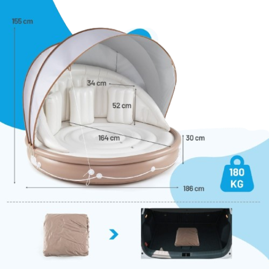 Coast Inflatable Floating Island 2-Seater with Canopy - 186 x 186 x 155 cm, White/Brown/Silver, Capacity 180 kg