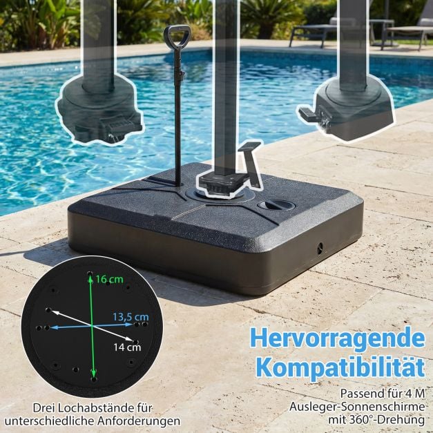 Pied de parasol Coast 84 × 84 × 20 cm – Support de parasol mobile et remplissable pouvant supporter jusqu’à 150 kg, avec 4 roues et une tige de traction télescopique – Noir