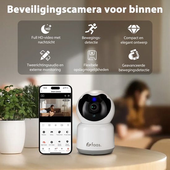 Caméra de sécurité intérieure - avec vision nocturne - Wifi et SD 64GB - Caméra de surveillance - Full HD - Tuya Smart - Blanc - by Saaf
