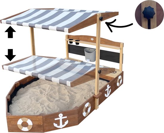 Bac à sable AXI Dora Boot avec cuisine ludique et toit (UV50) 160 x 100 cm Anthracite/marron – Avec tableau noir et espace de rangement - Toile de protection incluse - Garantie 10 ans !