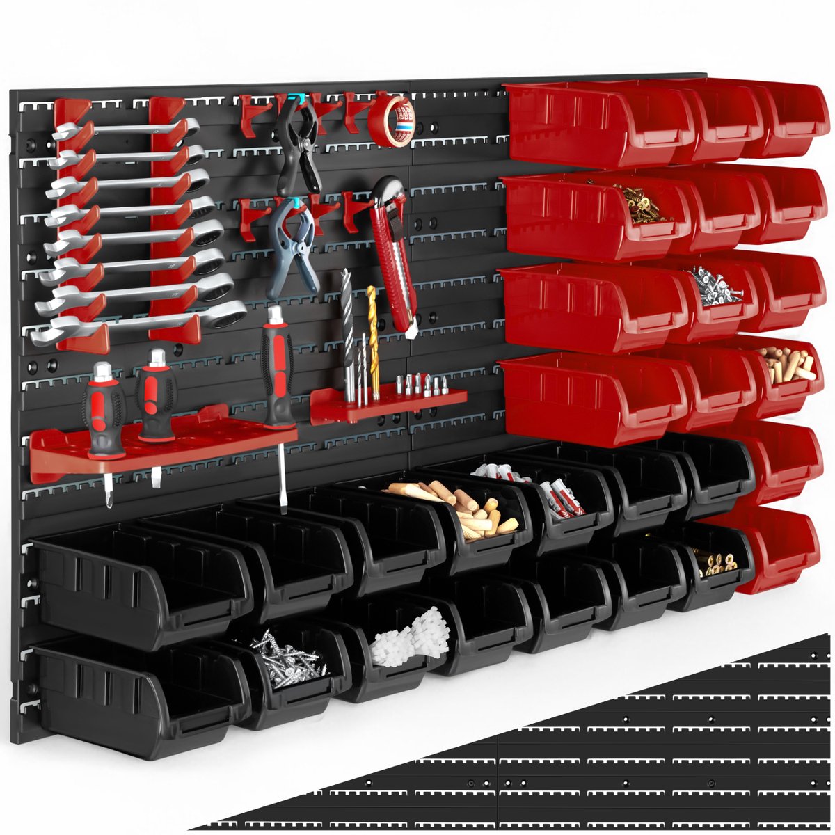 tectake mur d'outils d'atelier - 96x17x54 cm - Noir/Rouge - 28 Bacs de rangement et supports muraux