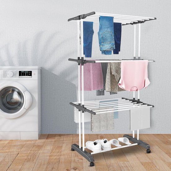 Vonia Étagère à linge - Étagère de séchage - Tour à linge - 3 couches - Pliable - 72x50x172 cm - Blanc