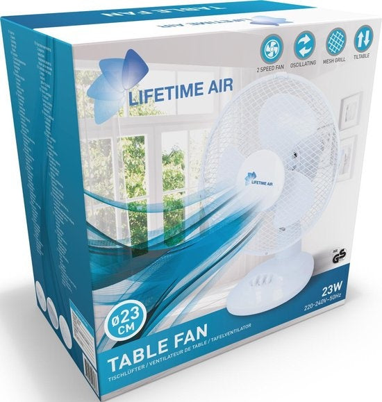 Lifetime Air Ventilateur de table - Ø23cm - 2 Vitesses - Fonction inclinable - Fonction pivotante - Blanc