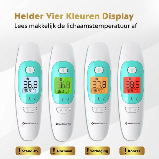 MostEssential Premium Thermomètre de fièvre - Thermomètre auriculaire - Thermomètre infrarouge - Thermomètre frontal - Thermomètre corporel - Thermomètre de fièvre pour adultes, enfants et bébés - Sans contact - 20M