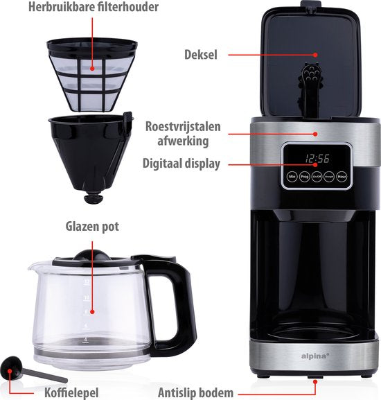 alpina Cafetière à filtre - 900W - 1.5 L - Gris/Noir