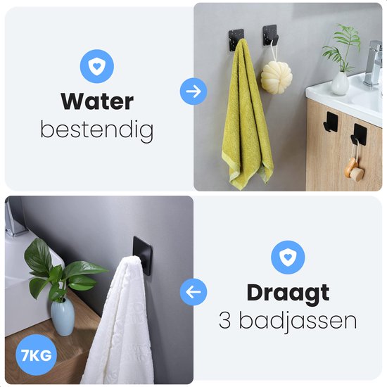 Crochets à serviettes auto-adhésifs - 1 pièce - Noir mat - Porte-serviettes de salle de bain - Porte-serviettes - Crochets muraux - Crochets de porte - Système d'accrochage pour peinture - Crochet à manteau - Ventouse avec crochet