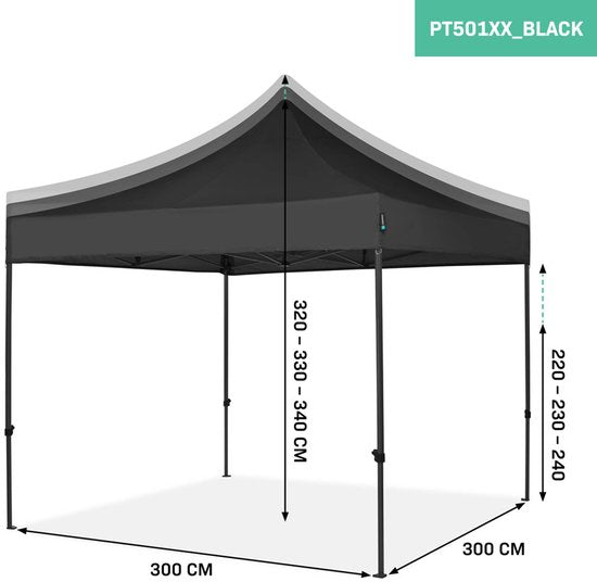 VONROC Party Tent - 3x3 m - Premium easy-up Party Tent - Modular Design - Pliable - Imperméable - Structure en acier - 50+ UV Protection - Sac de rangement inclus - Noir