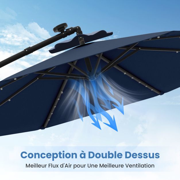 Ensemble de jardin 5 pièces avec parasol suspendu de 3 m et éclairage LED - Bleu/Gris