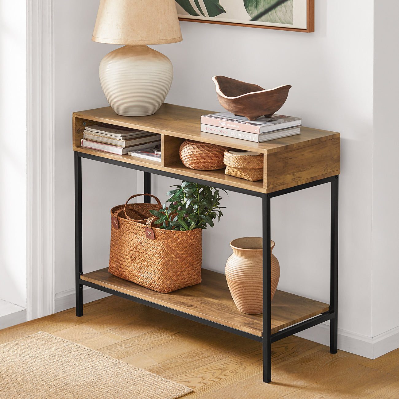 SoBuy Table d'appoint - 2 compartiments de rangement - Structure en acier - 100 x 40 x 80 cm - Bois/métal