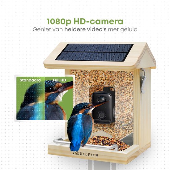 Vogelview - Mangeoire pour oiseaux - Mangeoire équipée d'une caméra - En bois - Reconnaissance des oiseaux par IA - 1080 HD - Audio - Avec panneau solaire