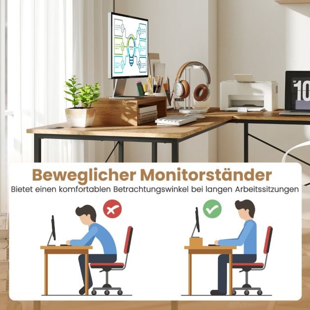 Bureau d'angle en L Coast – Extensible jusqu'à 240 cm – Support d'écran – Naturel