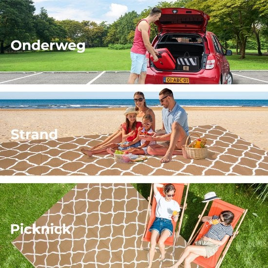 LifeGoods Tapis d'extérieur - 274x350CM - Tapis de jardin - Réversible - Sac de transport inclus - Avec motif - Beige/Blanc