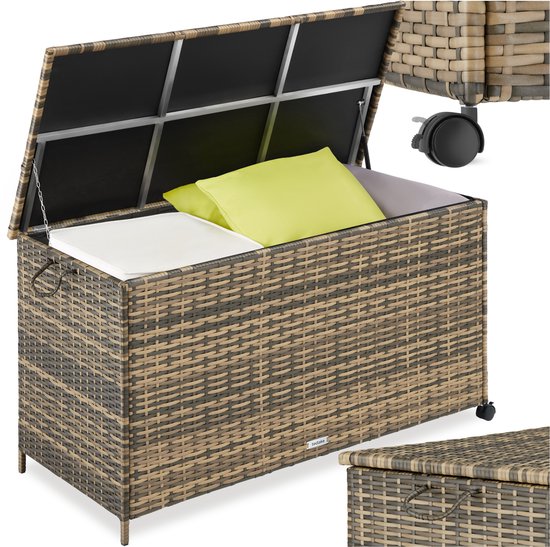 Boîte de rangement en osier tectake® - 253 L - Boîte à coussins d'extérieur - Coffre de jardin - 116 x 54 x 64 cm - Résistant aux intempéries et verrouillable avec couvercle - Mobile - Comprend 2 poignées, 2 roues avec frein et ressorts à gaz - Coffre de