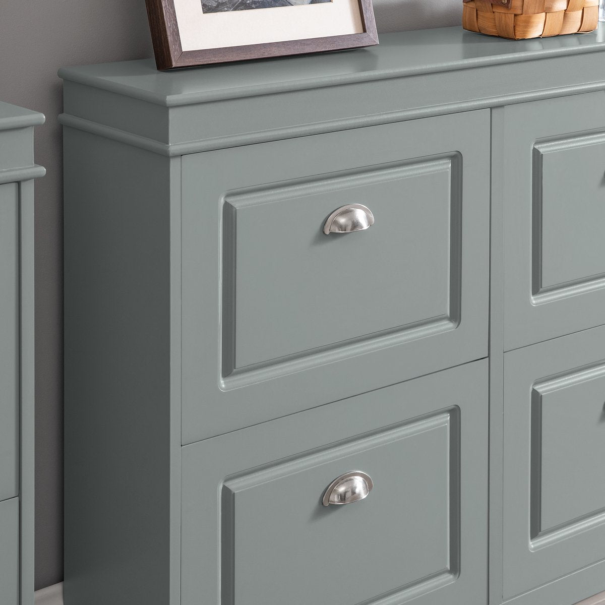 SoBuy FSR79-HG Meuble à chaussures avec 4 abattants - Meuble à chaussures avec 8 étagères - Meuble à chaussures peu encombrant pour couloir - MDF gris - 105x83x24cm