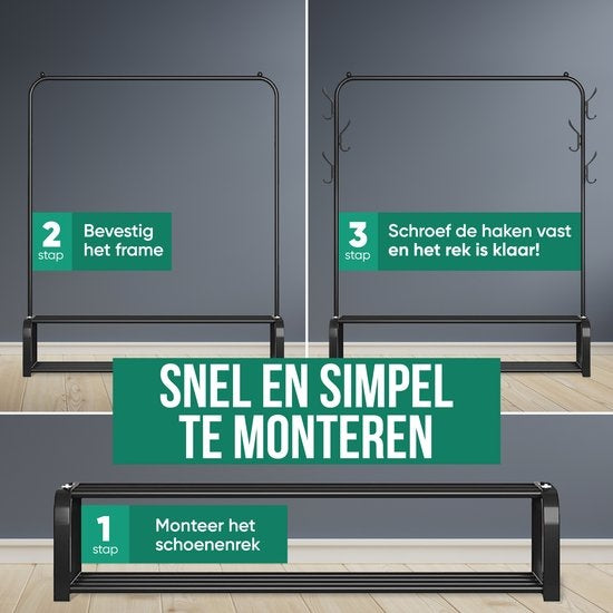 Avalo Rack à vêtements industriel - Métal - 110x33x150 CM - Noir - Rangement pour chaussures - Rack à vêtements avec crochets