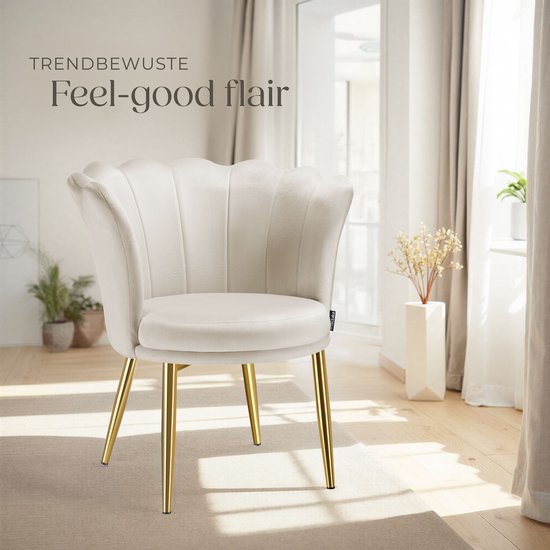 tectake® Fauteuil Stella - Fauteuil baquet avec accoudoirs – Chaise de salle à manger confortable – Chaise de cuisine – Rembourrage épais – Pour le salon et la salle à manger – Avec revêtement en velours - crème/or
