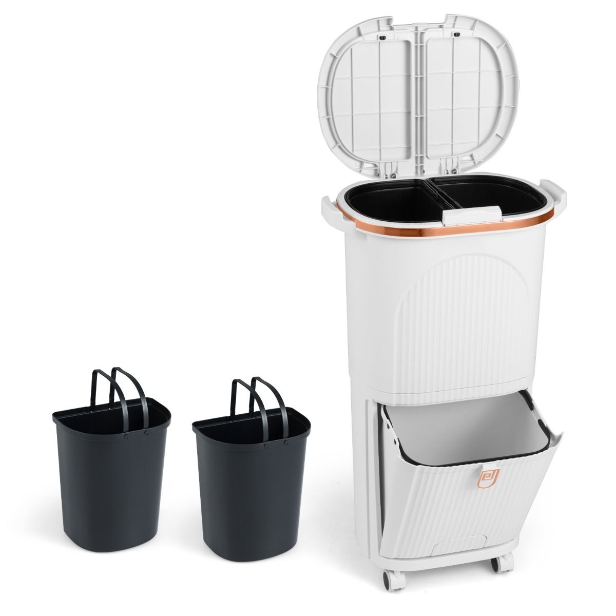 Poubelle Coast 38 litres avec couvercle - Système de tri sélectif à double compartiment - Pédale et roulettes - Blanc - 43 x 29 x 74,5 cm