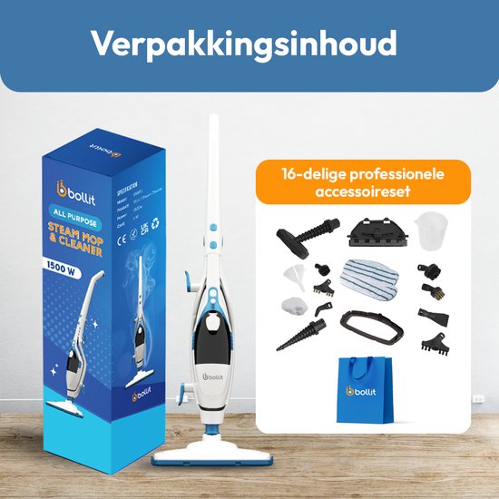 BOLLIT Nettoyeur vapeur 16 en 1 1500W - Nettoyeur vapeur à main - Nettoyeur de tapis - Nettoyeur de taches - Nettoyeur vapeur - Nettoyeur vapeur à main - Nettoyeur de sols - Vadrouille à vapeur - Nettoyage de sols, de canapés, de salles de bains et de tap