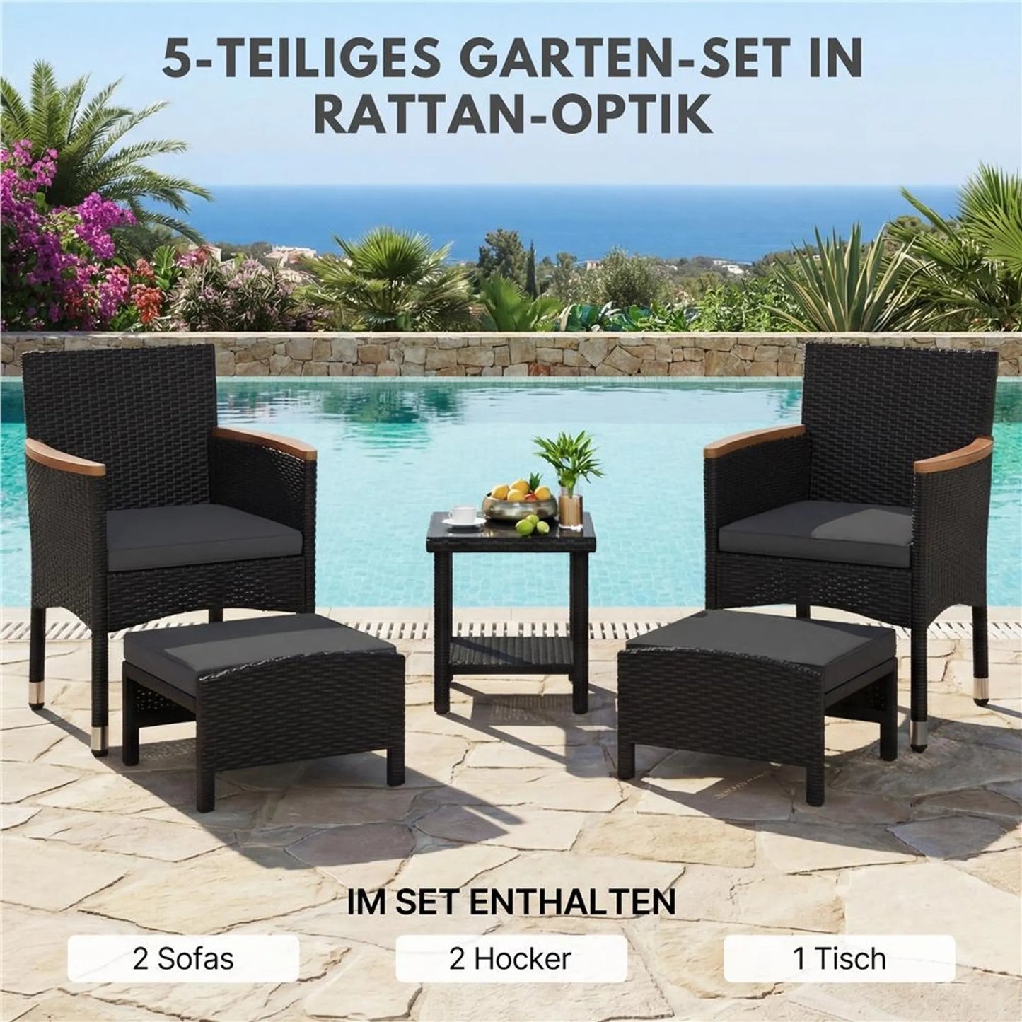 Yaheetech Lounge Set 5-Piece - Comprend deux chaises avec accoudoirs en bois d'acacia, deux ottomans et une table basse en verre trempé - Pour le jardin et le balcon - Métal noir et gris en rotin et bois d'acacia - 62.5 x 60.5 x 84 cm